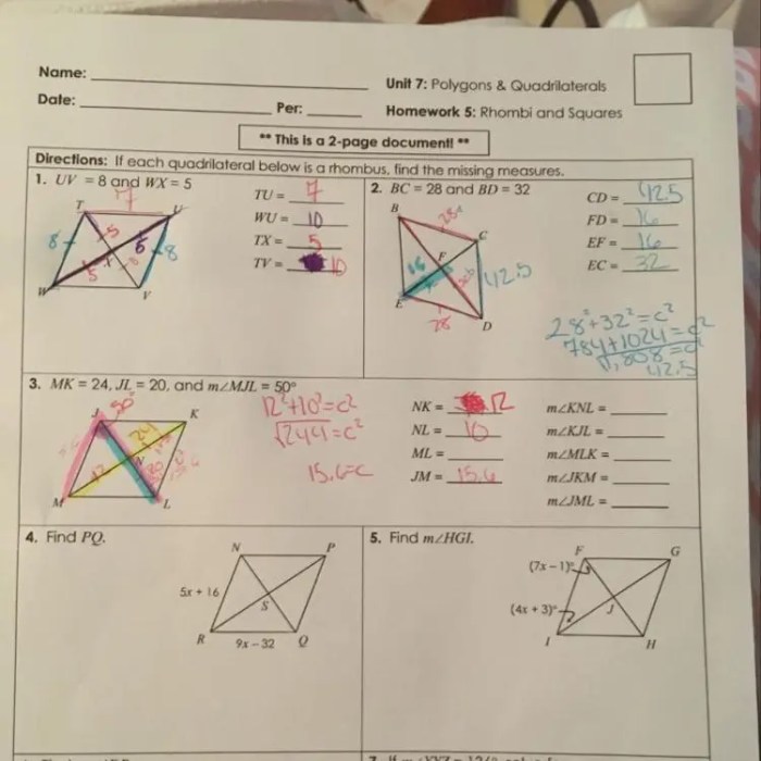 Unit 8 polygons and quadrilaterals homework 5 rhombi and squares